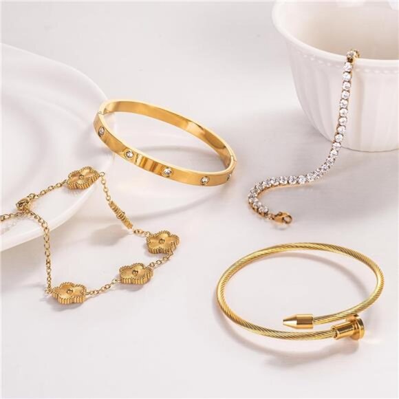 18K Gold Plated Bracelet Set Women Stackable Tennis Love Clover Adjustable Jewel - Picture 5 of 7
